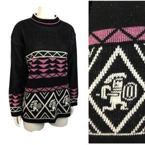 Vintage Warrior Graphic Knit Sweater Southwestern Tribal Black Pink Womens M -